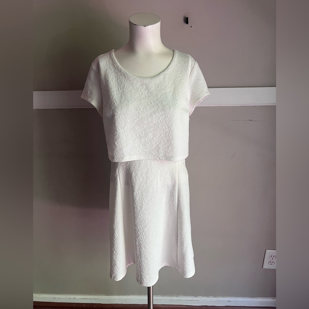 Hem & Thread White Textured Short Sleeve Fit-and-Flare Mini Dress